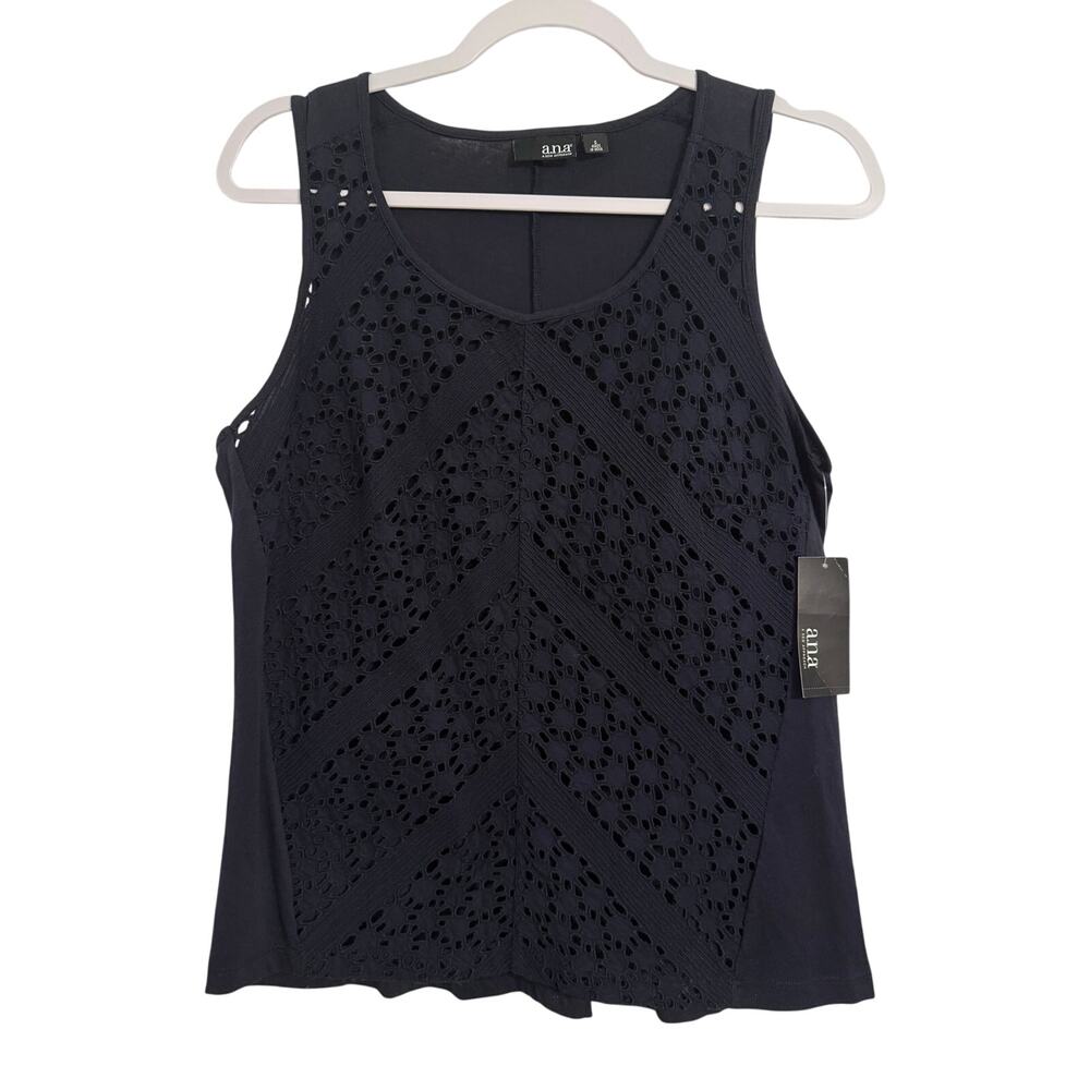 A.N.A. NWT Women's S Boho Embroidered Sheer Eyelet‎ Sleeveless Black Tank Top